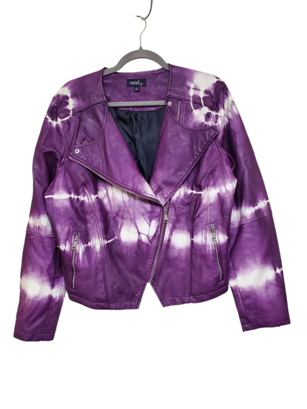 ModX Mod|X Women's Plum White Tie Dye Faux Letter Goth Punk Moto Jacket XL